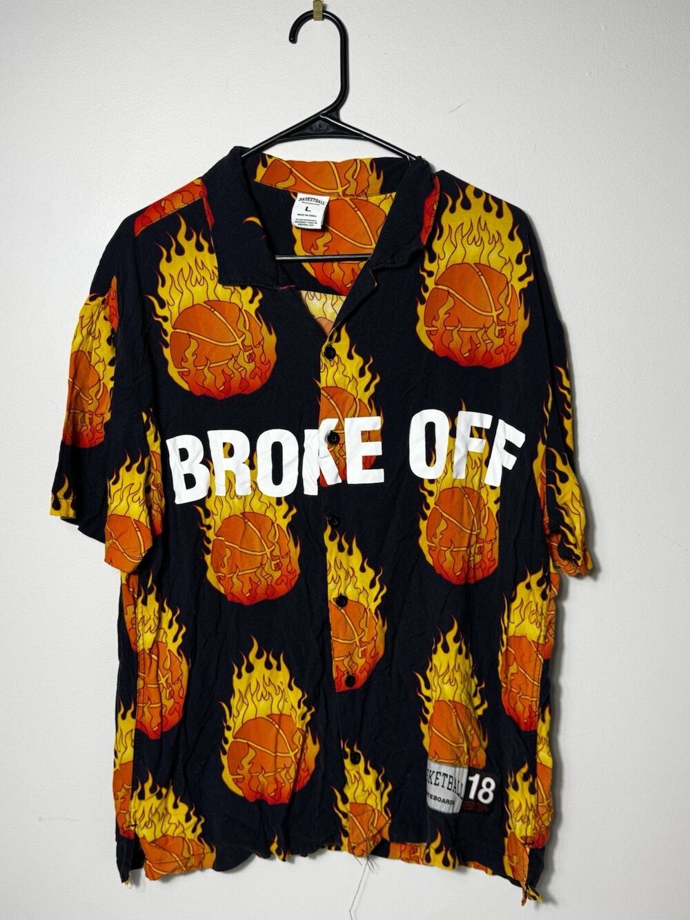 Heron Preston Basketball Skateboards Broke Off Flame Shirt L Satin Button Up